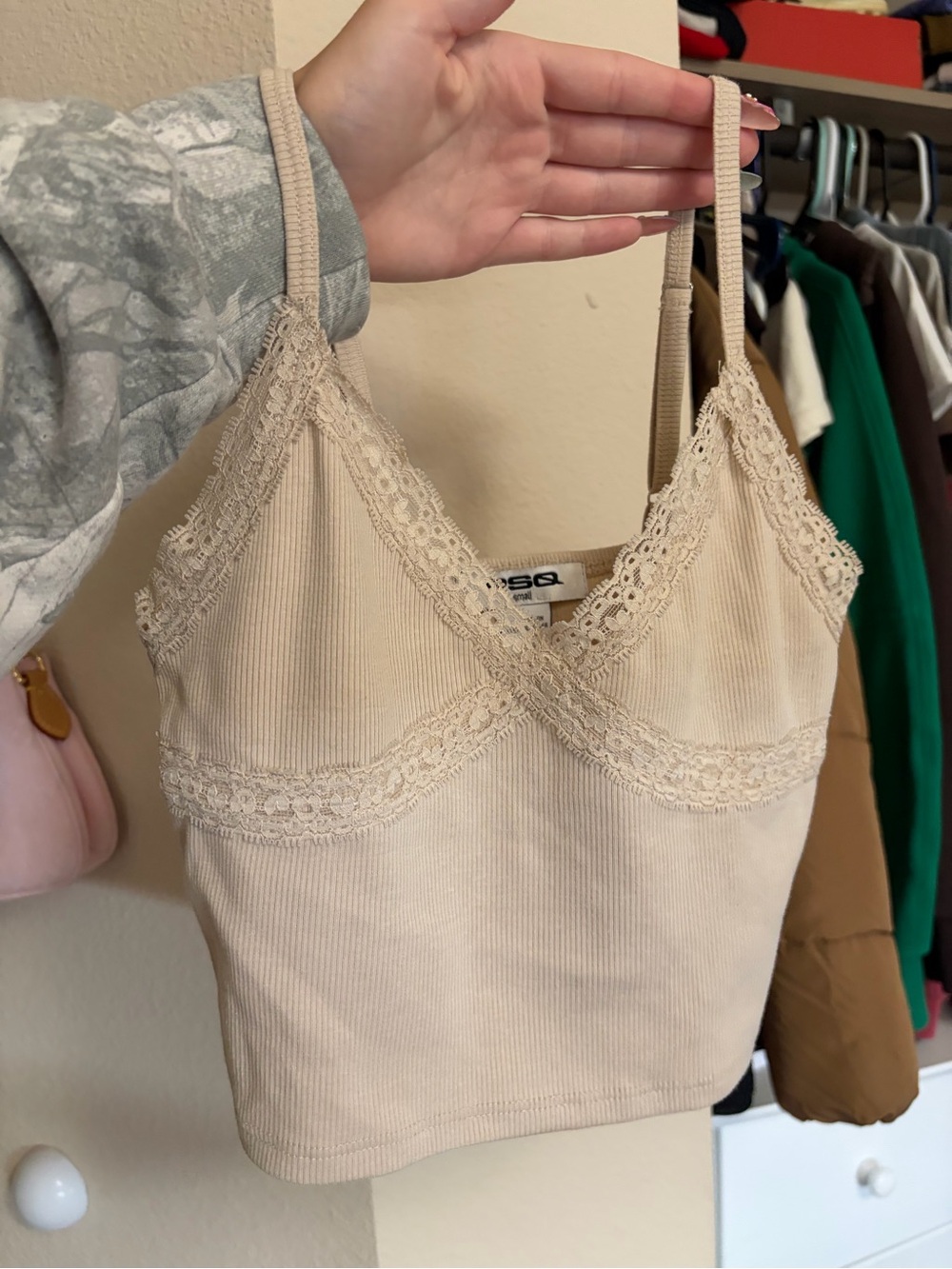 RSQ Beige Lace Trim Ribbed Cami Top